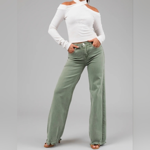RISEN High Rise Wide Leg Olive Denim Jeans Classic Frayed Hem Size 1/25 NEW - Picture 12 of 15